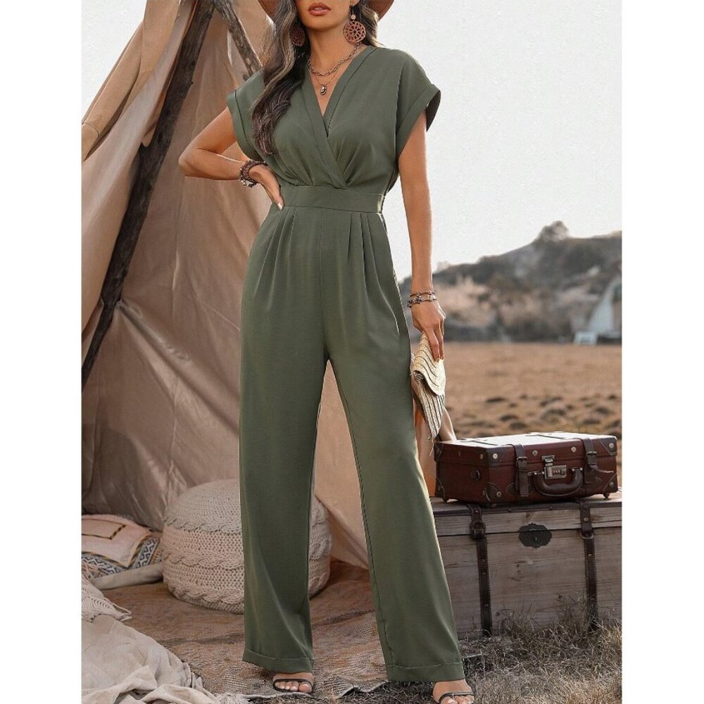 boho short sleeve rolled v neck jumpsuit olive green - Picture 1 of 2